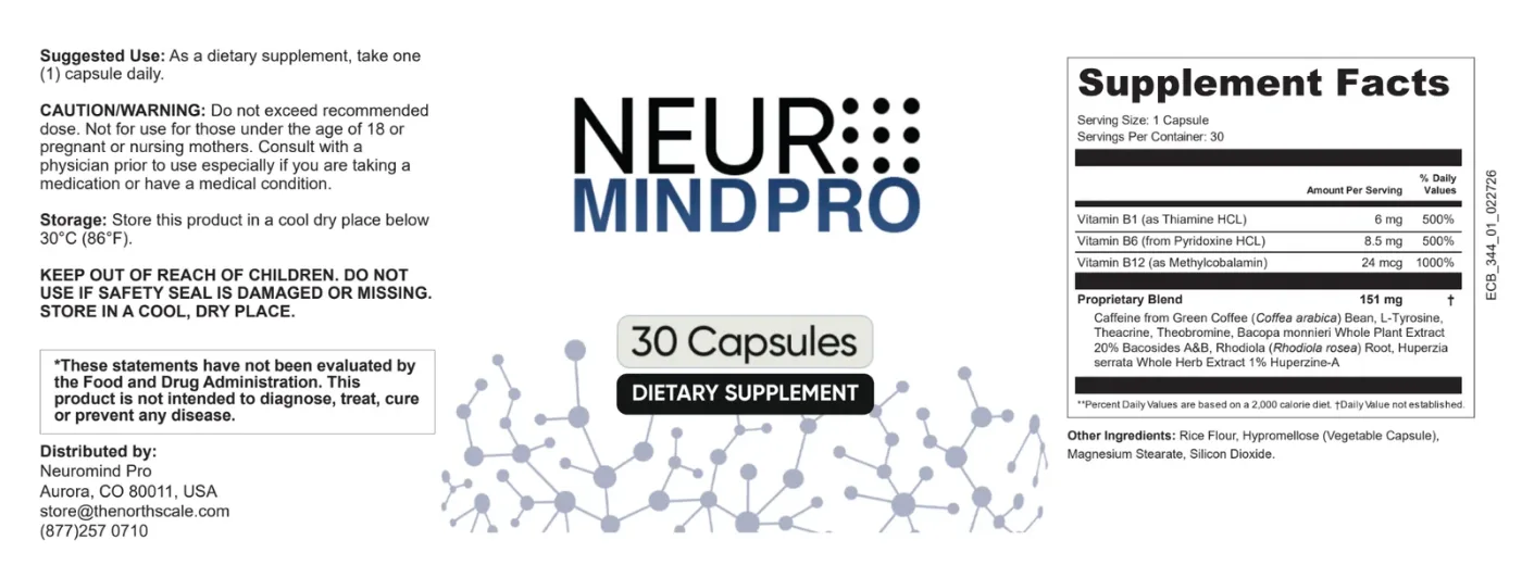 NeuroMind Pro Supplement Facts label with directions and warnings
